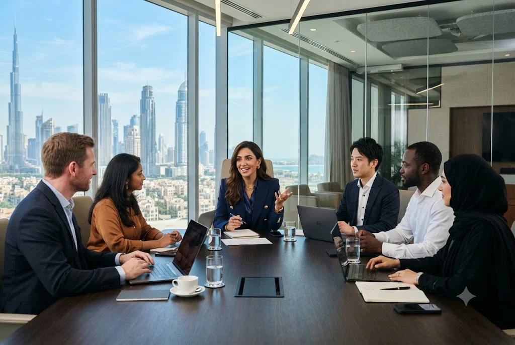 Successful entrepreneur demonstrating how to be a business woman while leading a business team in Dubai.