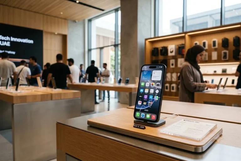 iphone 16e price in uae displayed in a premium UAE smartphone retail environment