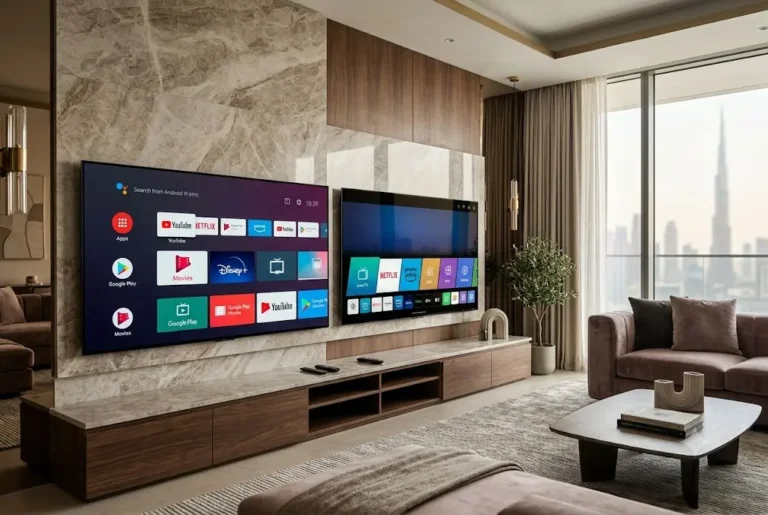 smart tv vs android tv comparison showing modern television interfaces in a home setting