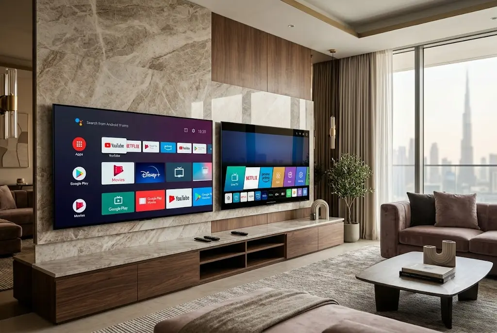 smart tv vs android tv comparison showing modern television interfaces in a home setting