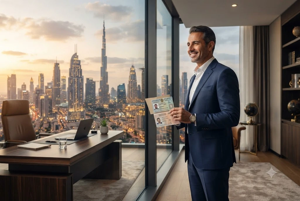 Professional exploring UAE Golden Visa benefits for long-term residency and business opportunities.