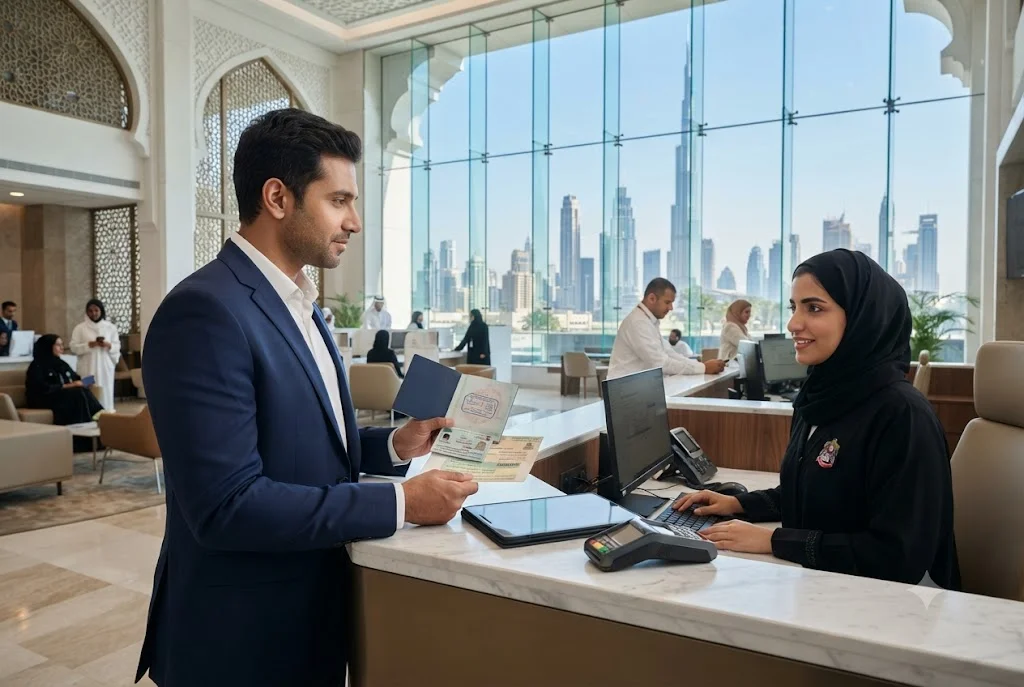 Professional applying for a UAE residence visa at a modern UAE government service center.