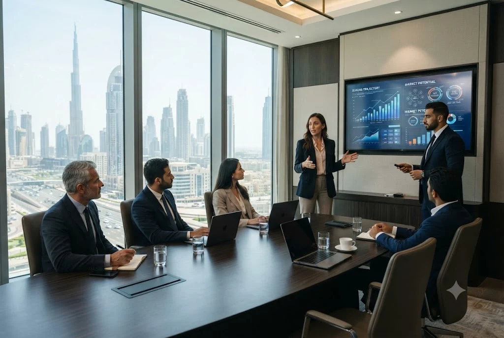 Startup founders presenting a venture capital valuation method to investors during a funding meeting in Dubai.