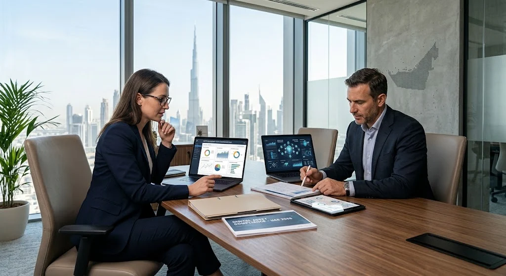 UAE crypto regulations explained through a digital asset compliance review in a modern Dubai office